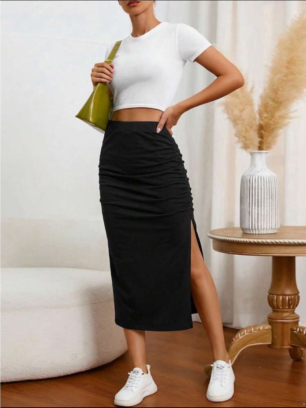 Classic Black Ruched Side-Slit Midi Skirt - Women's